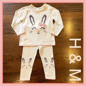 🐰 H&M 2PC EASTER BUNNY LONG-SLEEVED LIGHT PINK KNIT TOP & PANTS Sz 12-18 months